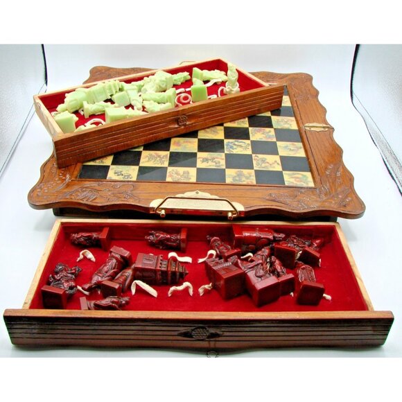 Asian Chess Set Hand Carved Soapstone Resin Wood Fold Storage Case 8 Fairies Vtg - Picture 1 of 13